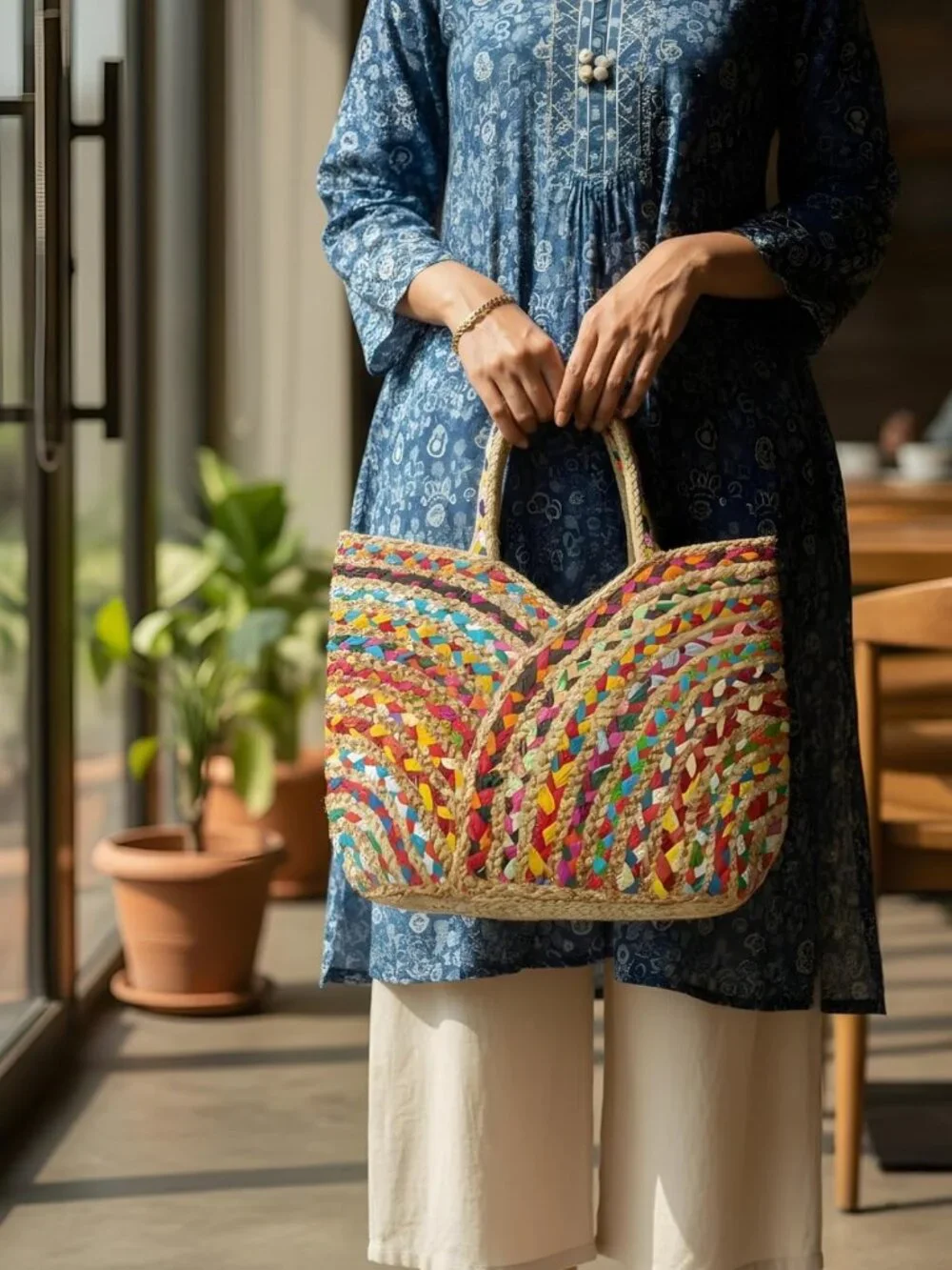 Boho Beach Tote Bag - Handmade Jute & Cotton Bucket Handbag with Tassels